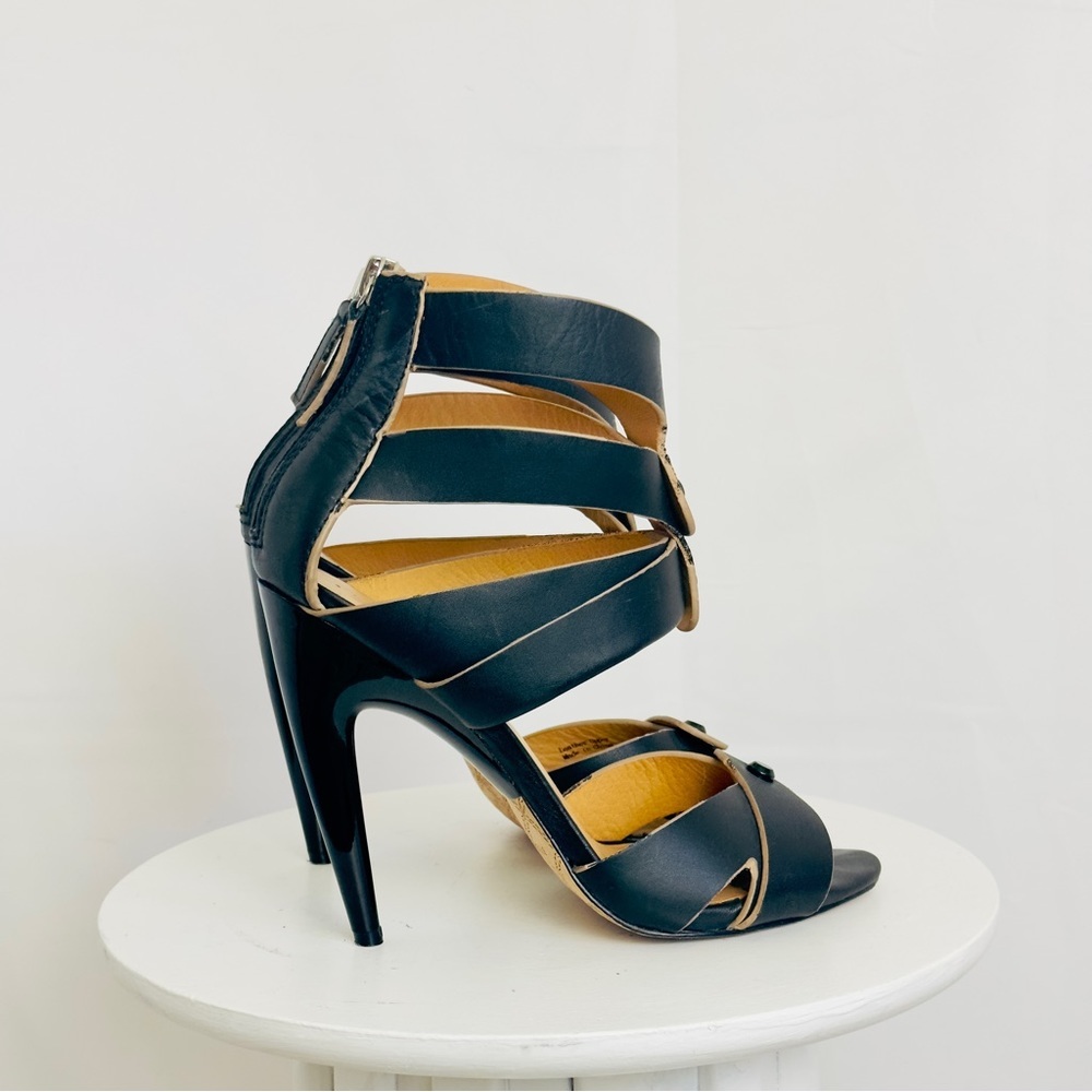 L A M B Black Leather Cage Heels